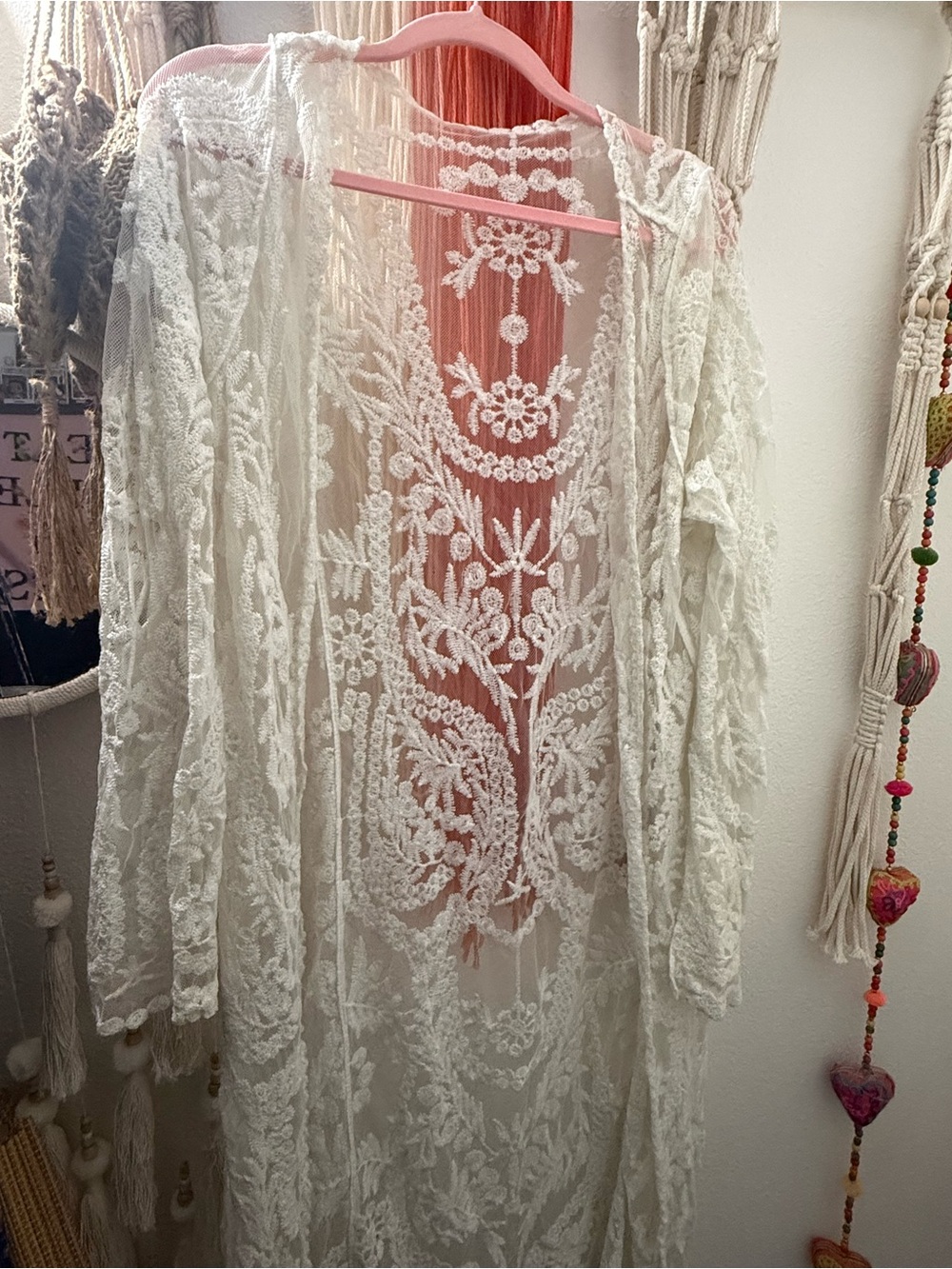 Sheer White Lace Kimono Robe with Floral Embroidery